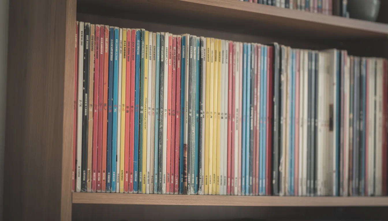 The image features wooden shelves neatly organized with colorful spines of vinyl record albums, showcasing a diverse collection of music genres including jazz and new releases. Each album is easily accessible, inviting listeners to explore different sounds and artists.