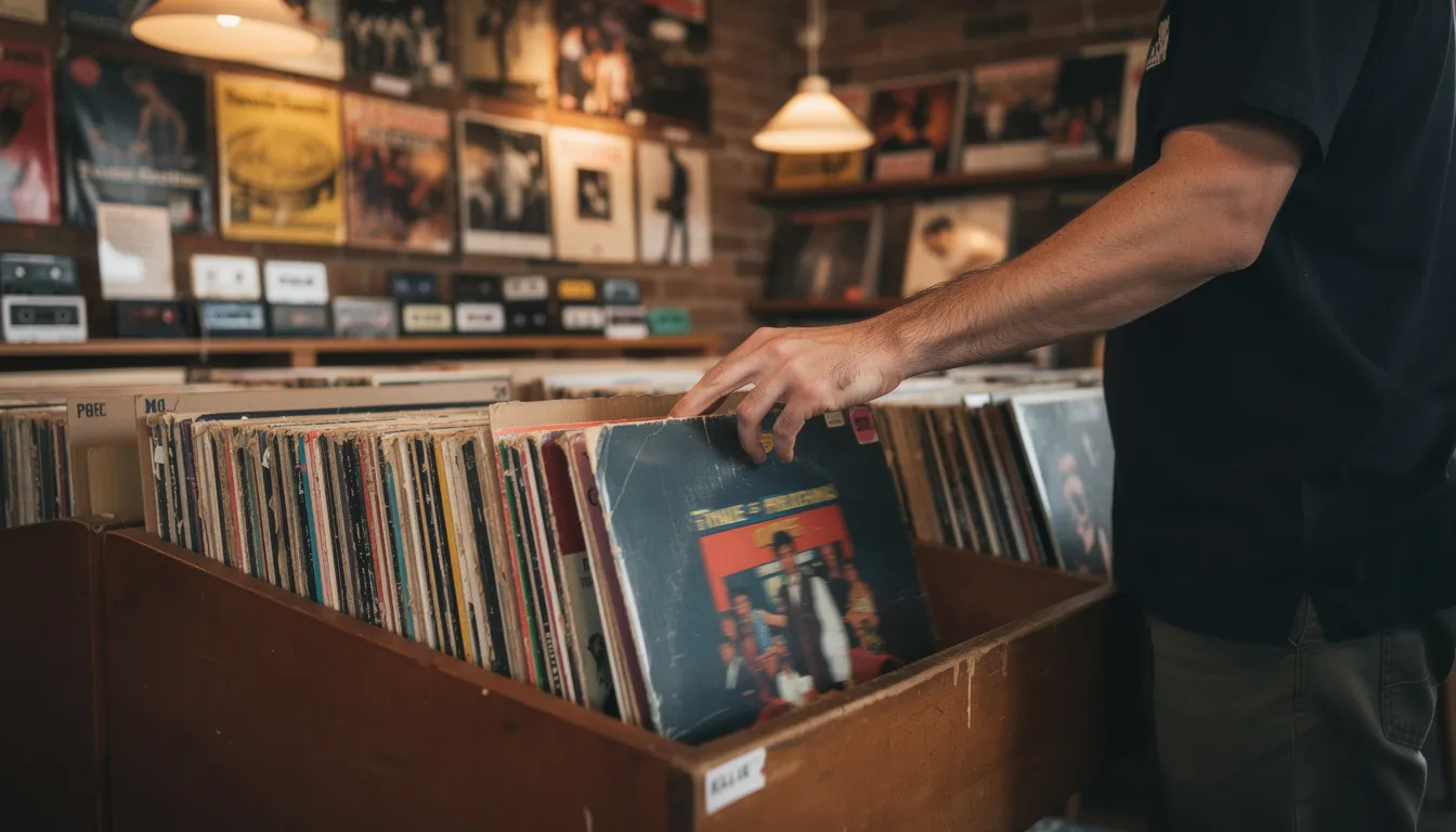 A person is browsing through a collection of vinyl records at a record store, flipping through various album covers, showcasing new releases and genres such as jazz. The scene captures the excitement of searching for music treasures in a vibrant selection of LPs.